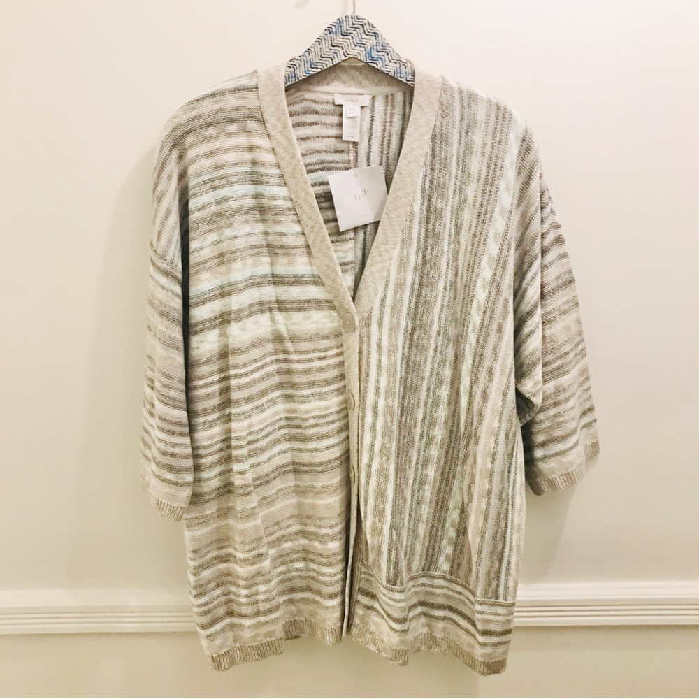 NWOT J. Jill Pure Jill Cardigan Sweater medium dove gray stripe blue Lagenlook
